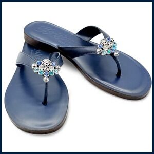 Brighton Amaze Navy Blue Leather Crystal Thong Sandals Italy 7 Resortwear Luxury